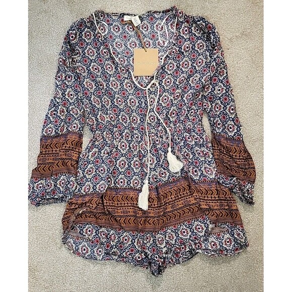 Lost In Lunar Sangria Romper Sz 4 100% Cotton Floral Long Sleeve Bohemian Casual - Picture 10 of 11